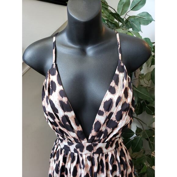 SHEIN Long Maxi Dress Womens Size 2 Black & Beige Leopard Plunge Neck Sleeveless - Picture 6 of 16